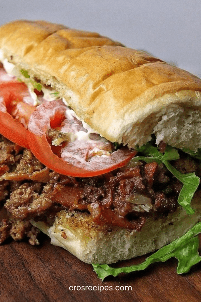 Sandwich Chopped Cheese garni de bœuf haché grillé, fromage fondant, laitue, tomates et sauce dans un pain brioché moelleux.