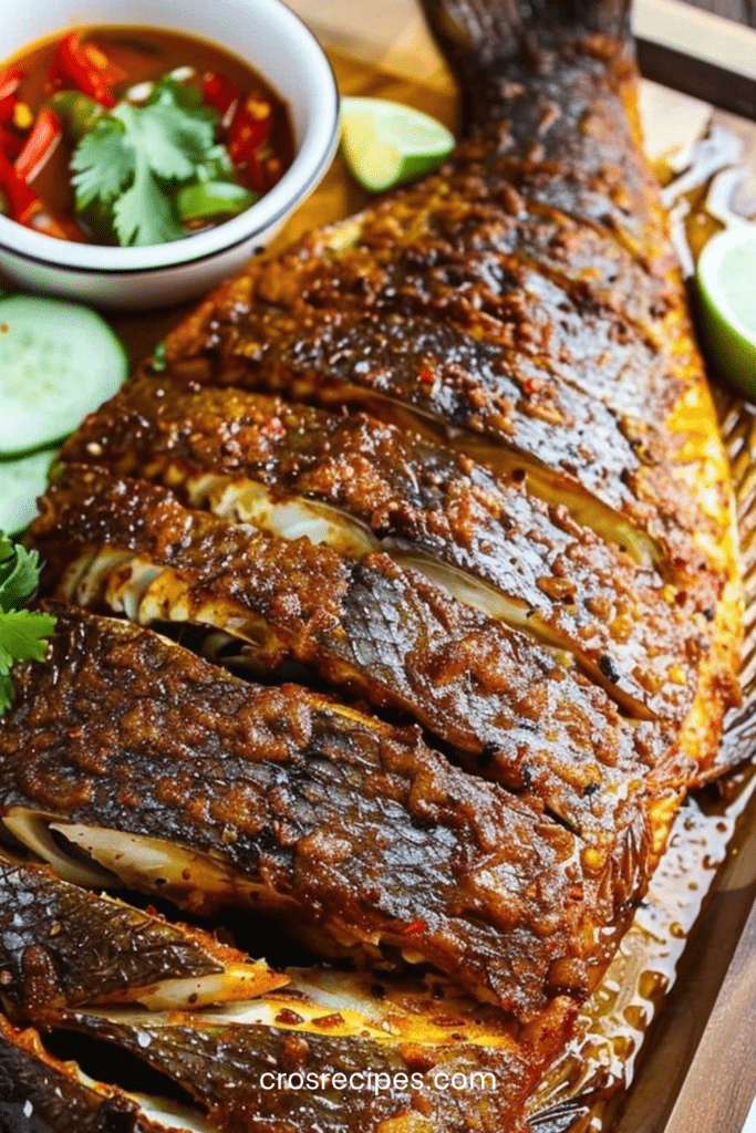Poisson entier grillé doré et croustillant, mariné aux épices, servi avec citron vert, concombre et sauce pimentée aux herbes.