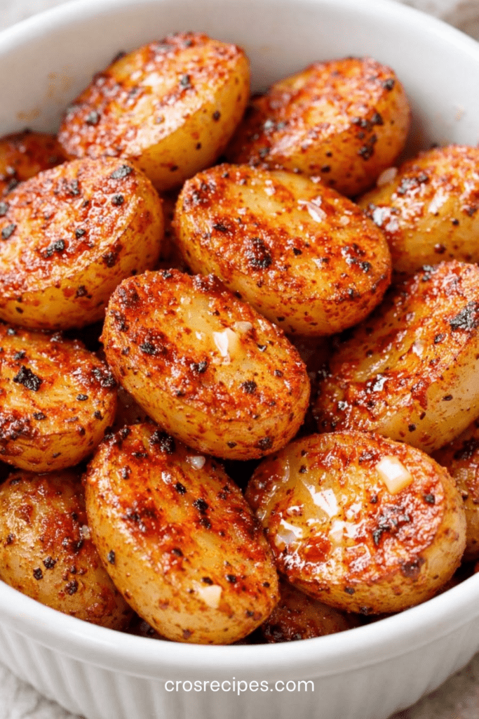 Pommes de terre grenaille rôties au four, dorées et croustillantes, enrobées d’ail et de paprika, servies chaudes avec du persil frais dans un plat rustique.