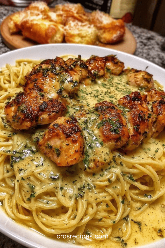 Assiette de spaghetti crémeux au poulet doré, nappés d’une sauce onctueuse à l’ail et au parmesan, décorés de persil frais dans un cadre chaleureux.