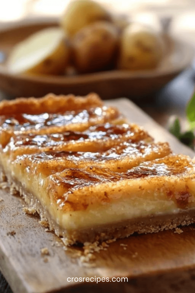 Tarte aux pommes façon crème brûlée avec surface caramélisée dorée et croustillante, pommes fondantes et crème vanillée sur pâte sablée.