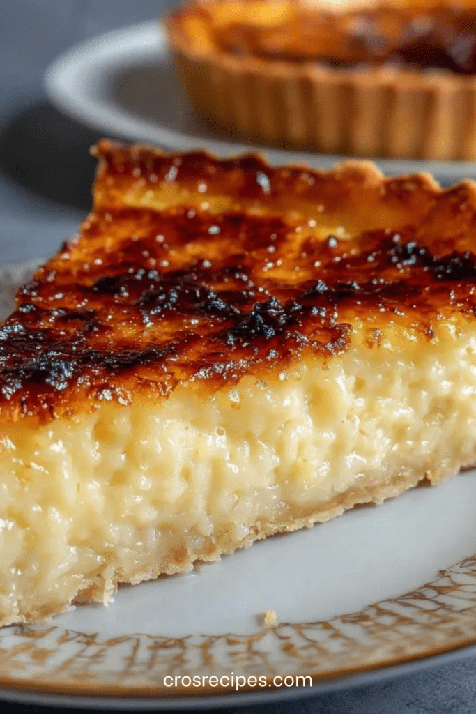 Tarte au riz de Verviers dorée avec surface légèrement caramélisée, garniture de riz au lait crémeux sur pâte croustillante dans un moule traditionnel.