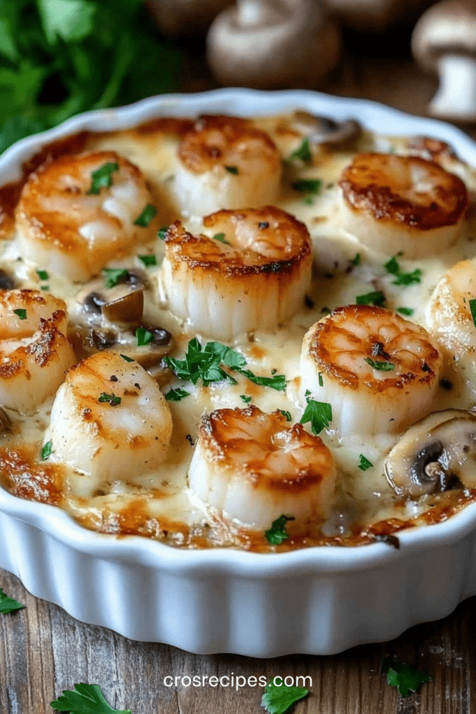 Cassolettes de Saint-Jacques gratinées avec champignons et sauce crémeuse, surface dorée au fromage, servies chaudes dans des ramequins individuels.