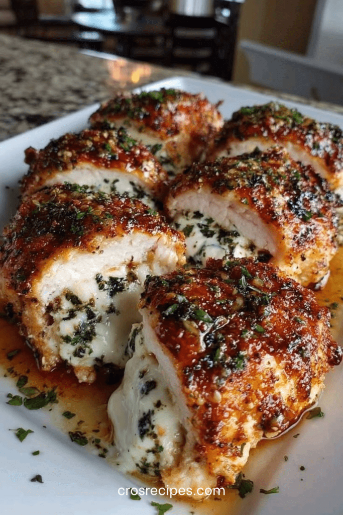 Blancs de poulet farcis au fromage fondant, dorés à l’extérieur, coupés en deux révélant un cœur coulant parfumé à l’ail et aux herbes.
