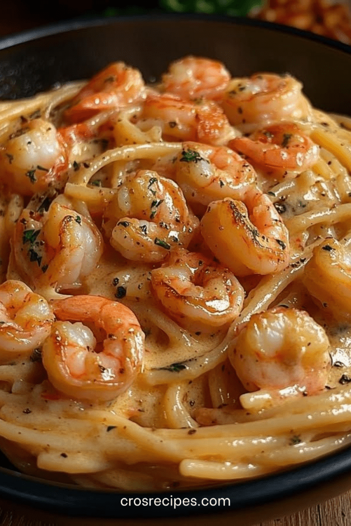 Assiette de spaghetti crémeux aux crevettes avec sauce à l’ail onctueuse, crevettes rosées et persil frais, servie chaude.