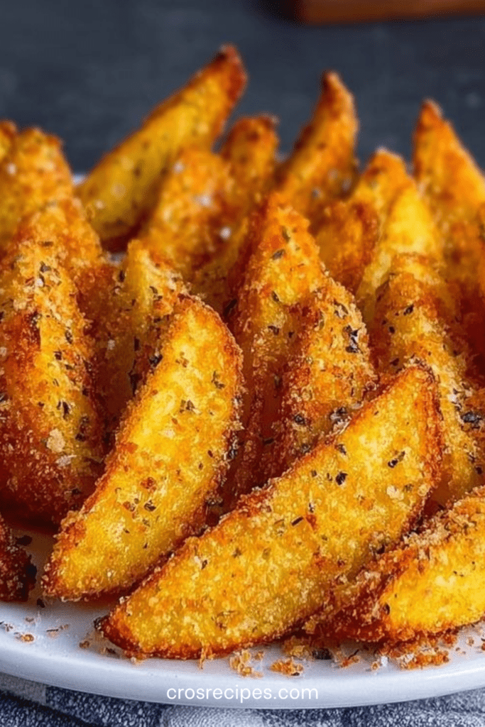 Potatoes wedges dorées et croustillantes au parmesan, avec peau, disposées sur une plaque, texture fondante à l’intérieur.