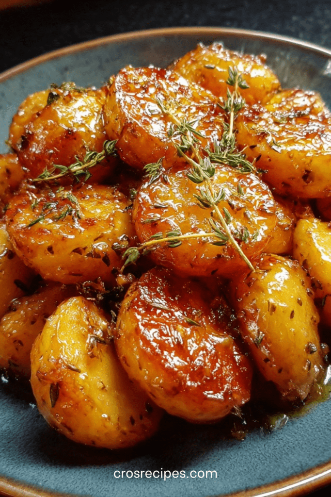 Pommes de terre rôties au four avec marinade miel moutarde thym, légèrement caramélisées, dorées et fondantes à l’intérieur.