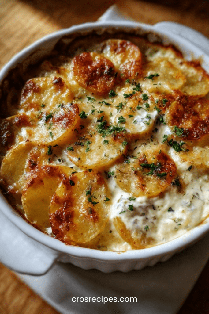 Cassolettes de pommes de terre gratinées à la crème avec surface dorée et croustillante, intérieur fondant et persil frais en finition.