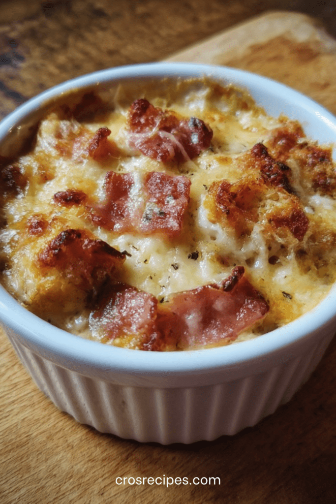 Œufs cocotte aux lardons et fromage gratiné, jaune coulant, servis dans des ramequins avec une texture crémeuse.
