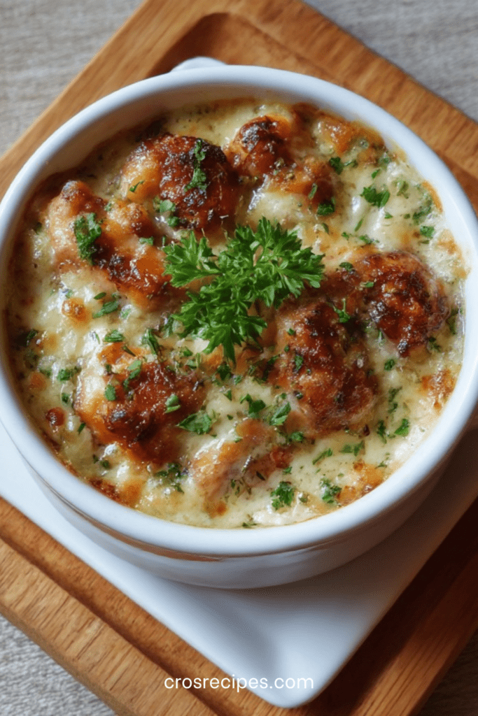 Œufs cocotte au poulet gratiné et crème servis dans des ramequins, avec fromage doré, crème onctueuse, morceaux de poulet fondants et persil frais.