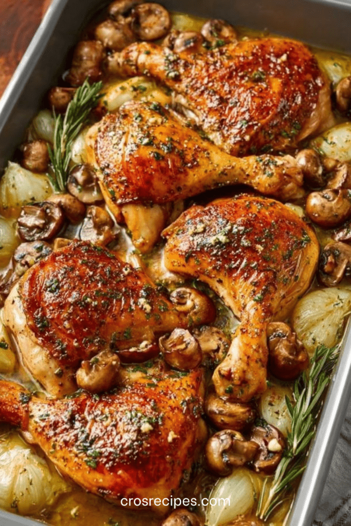 Cuisses de poulet rôties dorées au four avec champignons fondants et oignons caramélisés dans un jus parfumé aux herbes.