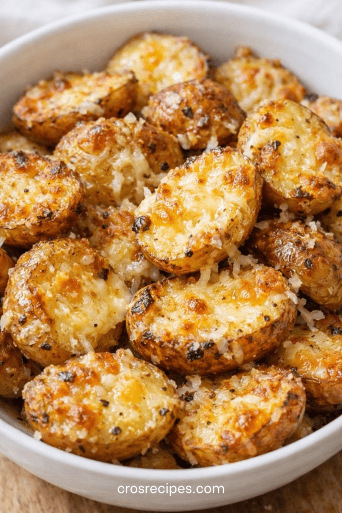 Pommes de terre grenaille rôties au four, dorées et croustillantes, enrobées de parmesan fondu, d’ail et d’herbes, servies chaudes dans un plat rustique.