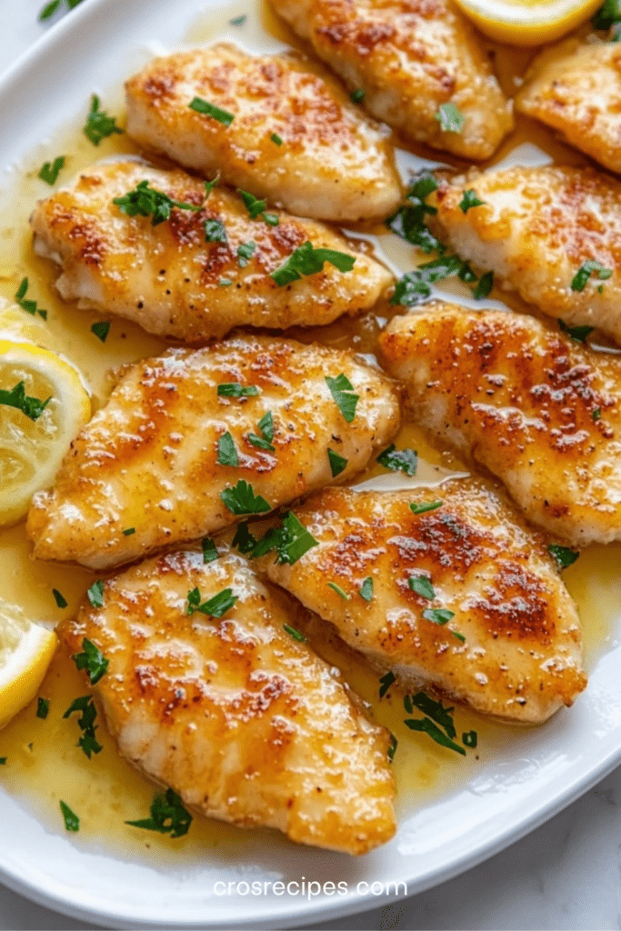 Filets de poulet poêlés, dorés et juteux, nappés d’une sauce brillante au beurre, à l’ail et au citron, garnis de persil frais dans une poêle chaude.
