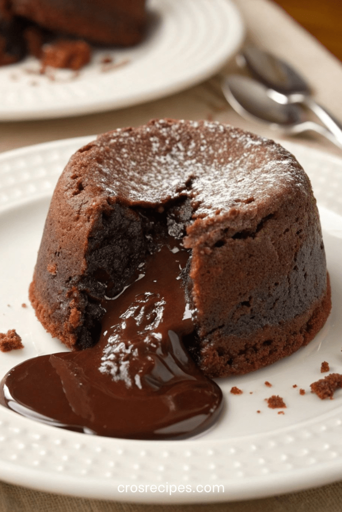 Fondant au chocolat individuel, légèrement craquelé à l’extérieur, avec un cœur coulant intense au chocolat noir, servi chaud sur une assiette avec une texture brillante.