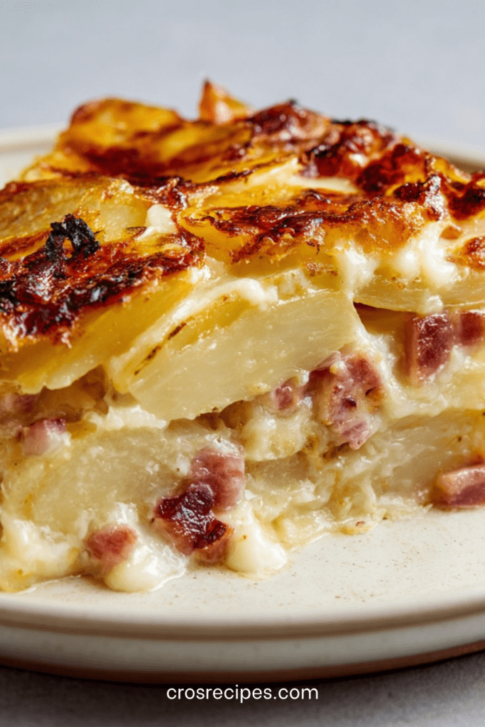 Plat de tartiflette maison gratinée au four, pommes de terre fondantes, lardons dorés, oignons et reblochon coulant avec croûte dorée.