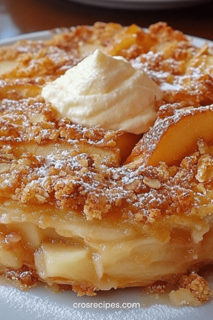Croustade aux pommes dorée au four, avec une couche croustillante sablée et des pommes fondantes légèrement caramélisées, servie tiède dans un plat rustique.