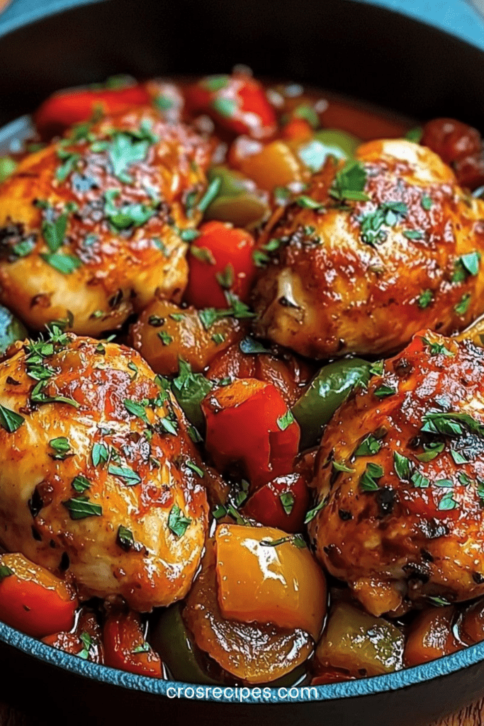 Poulet basquaise mijoté dans une cocotte avec poivrons colorés, tomates fondantes et herbes, sauce riche et brillante, servi chaud avec du persil frais.