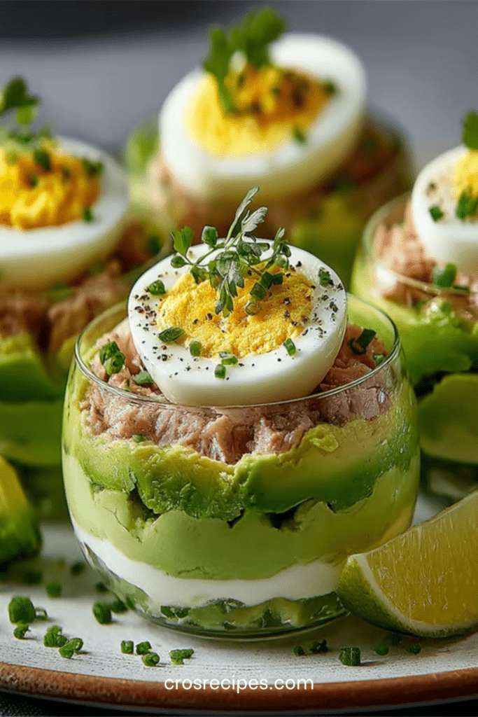Verrines avocat, thon et œufs mimosa présentées en couches, garnies de ciboulette fraîche, avec une texture crémeuse et une finition élégante.