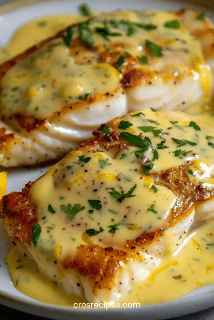Sauce citron crémeuse servie sur un filet de poisson, garnie de persil frais, avec une texture onctueuse et brillante dans une assiette élégante.