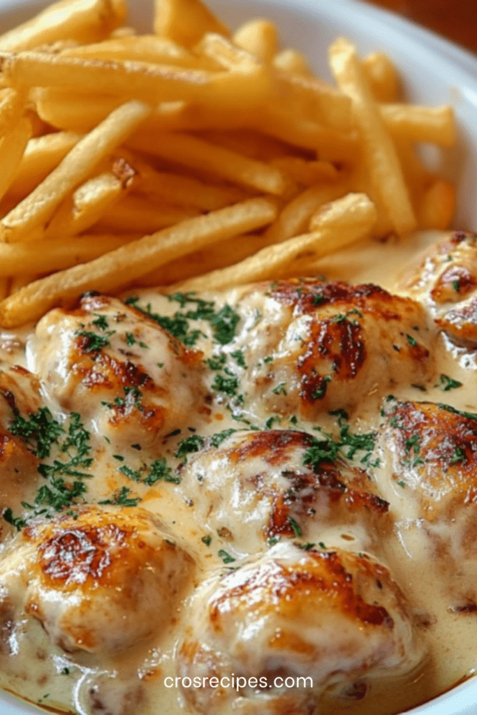 Cassolettes de poulet au maroilles nappées de sauce crémeuse, accompagnées de frites maison dorées et croustillantes, servies bien chaudes dans un plat rustique.