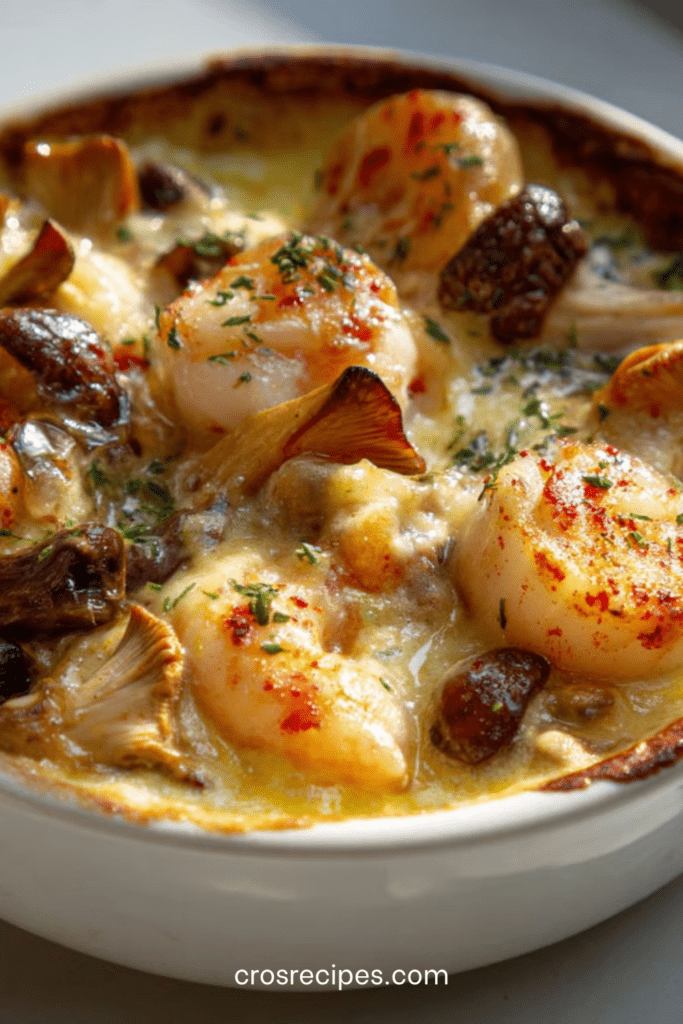 Cassolettes de Saint-Jacques aux champignons nappées de sauce crémeuse gratinée, avec une surface dorée et du persil frais en finition dans des ramequins élégants.