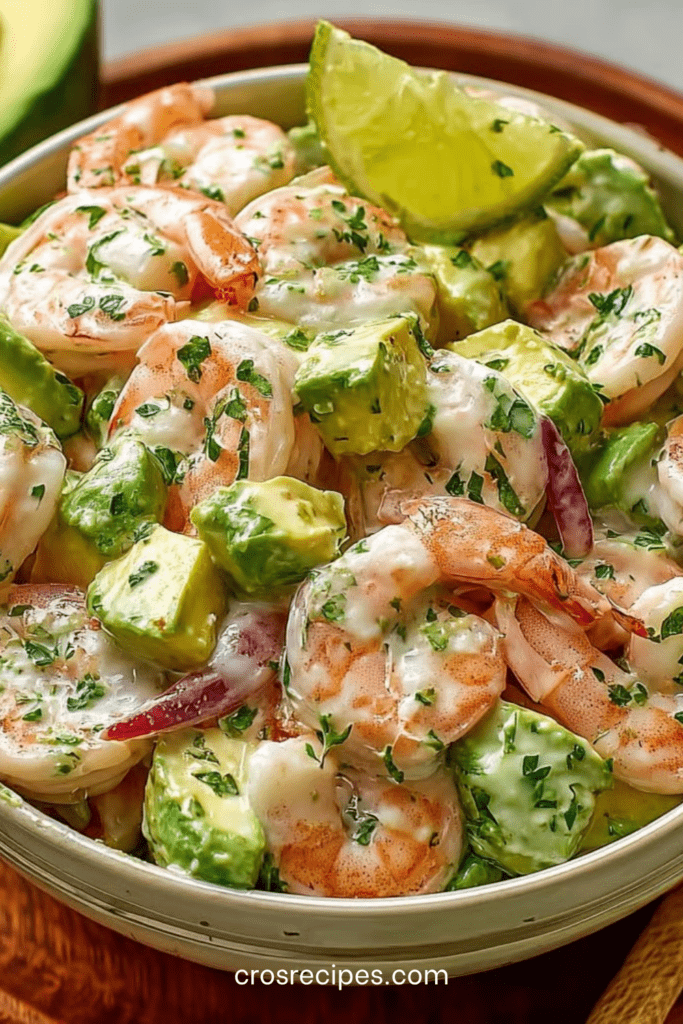 Salade crémeuse aux crevettes et avocat avec oignon rouge et herbes fraîches, nappée d’une sauce citronnée dans un bol élégant.