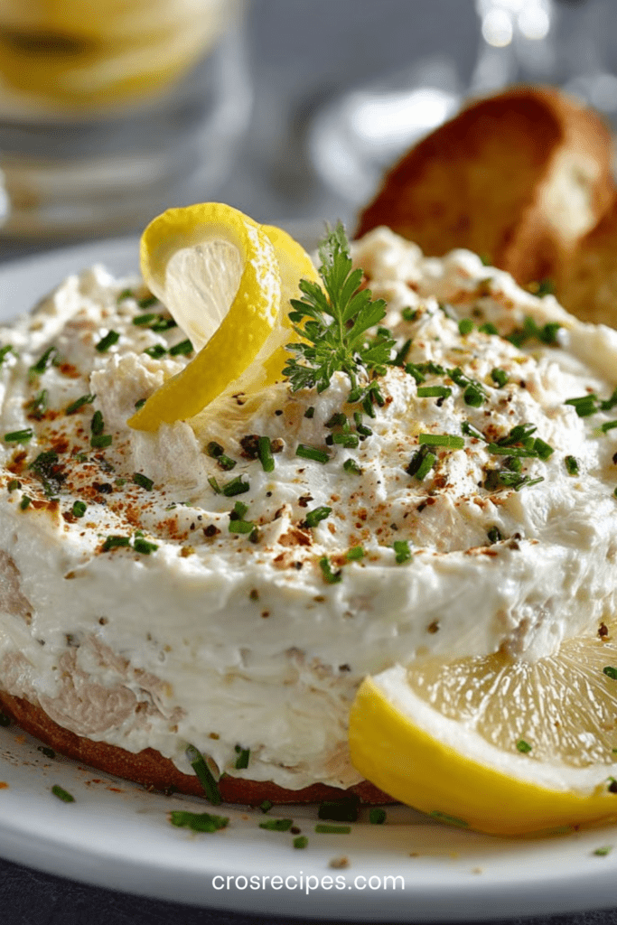 Crème de thon apéritive servie dans un bol, texture lisse et crémeuse, accompagnée de pain grillé et d’herbes fraîches finement ciselées.