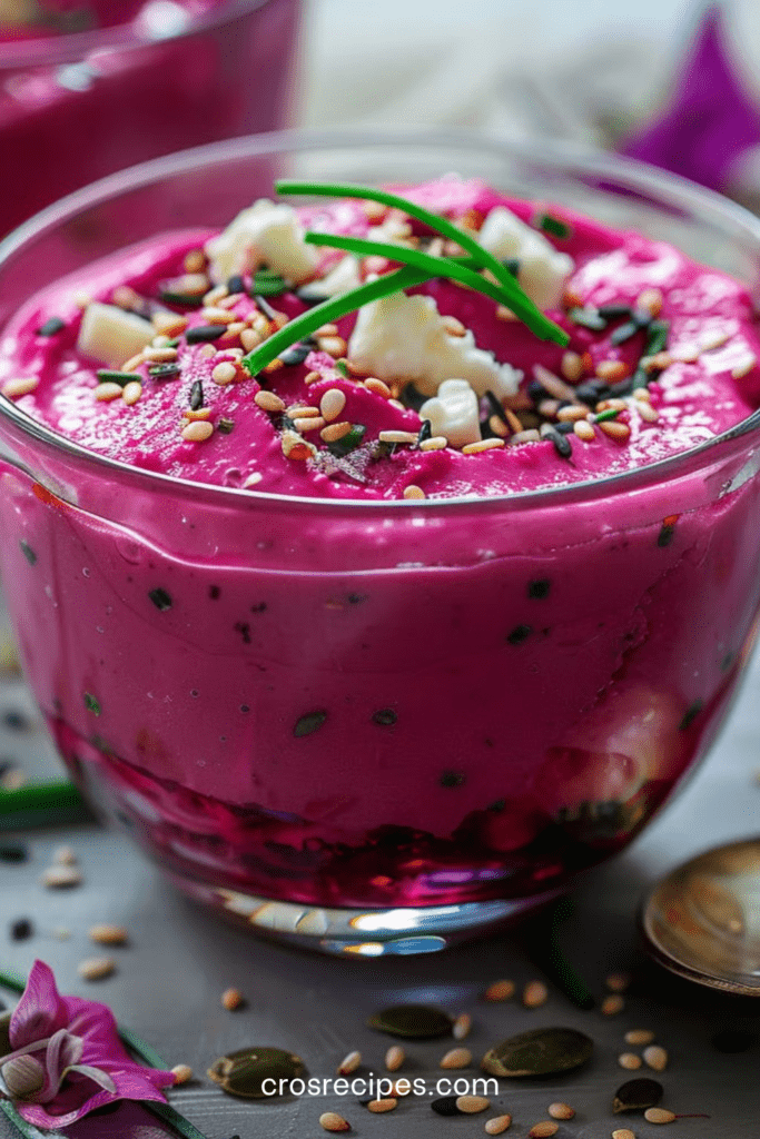 Verrines de mousse de betterave et feta, texture lisse et rose vif, garnies d’herbes fraîches et de graines croquantes dans des verres élégants.