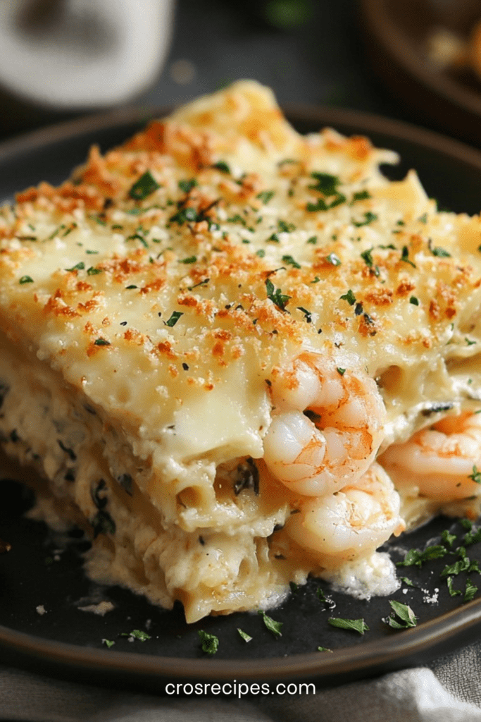 Plat de lasagnes aux crevettes et langoustines au beurre d’ail, nappées de béchamel légère, gratinées au four avec une surface dorée et fondante, servi dans un plat familial.