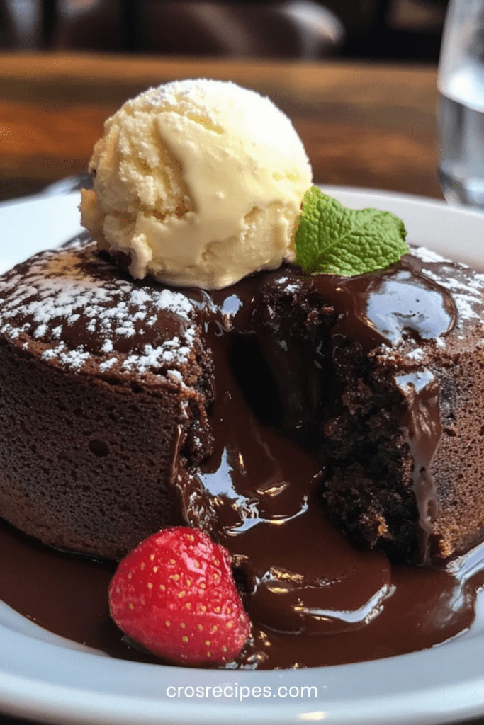 Fondants au chocolat noir avec cœur coulant, servis tièdes dans de petites assiettes avec une boule de glace vanille et quelques fruits rouges.