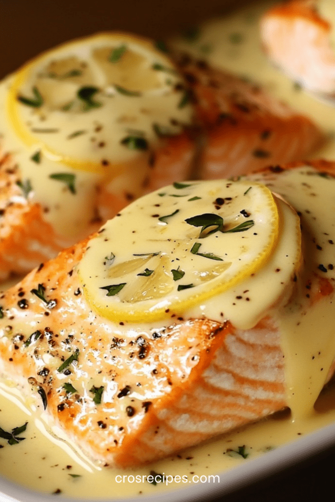 Pavés de saumon au four nappés d’une sauce crème au beurre citron, garnis de ciboulette fraîche et servis avec légumes vapeur.