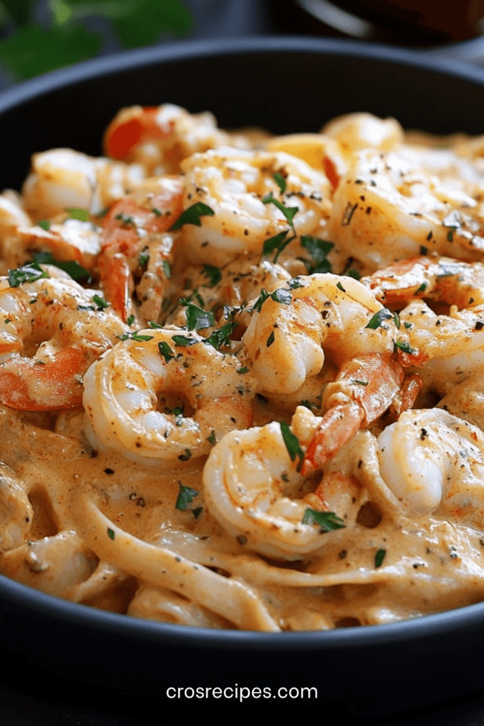 Assiette de pâtes aux crevettes et chair de crabe crémeuses, nappées de sauce cajun épicée, garnies de persil frais et parmesan râpé.