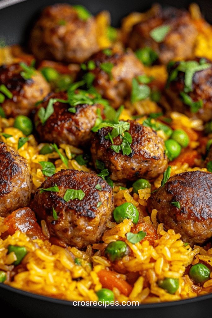 Assiette de riz coloré aux petits pois et poivrons, surmonté de boulettes de viande dorées, garni d’herbes fraîches, présentation chaleureuse.