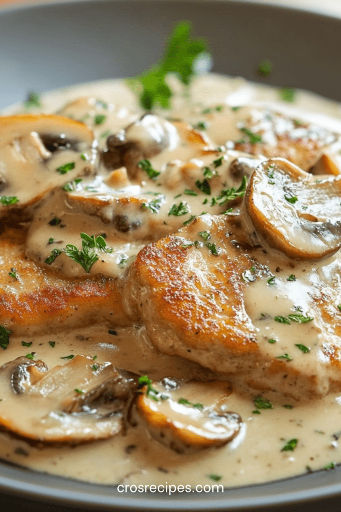 Escalopes de veau nappées de sauce crémeuse aux champignons, servies dans une poêle avec une texture fondante et une présentation élégante.