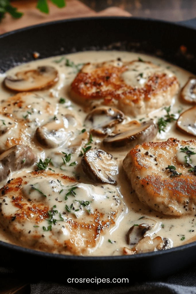 Deux escalopes de veau nappées d’une sauce à la crème onctueuse avec champignons de Paris dorés, servies chaudes dans une assiette blanche avec persil frais.