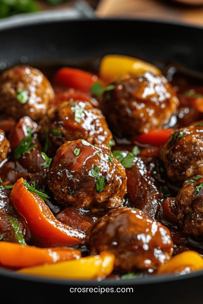 Assiette de boulettes de viande maison mijotées dans une sauce tomate aux poivrons rouges et jaunes, servies chaudes avec persil frais.
