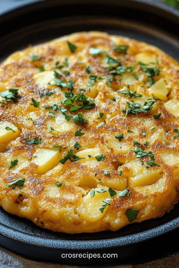 Tortilla omelette espagnole de patatas dorée et épaisse, composée de pommes de terre et d’œufs, coupée en parts et servie dans une poêle avec persil frais.