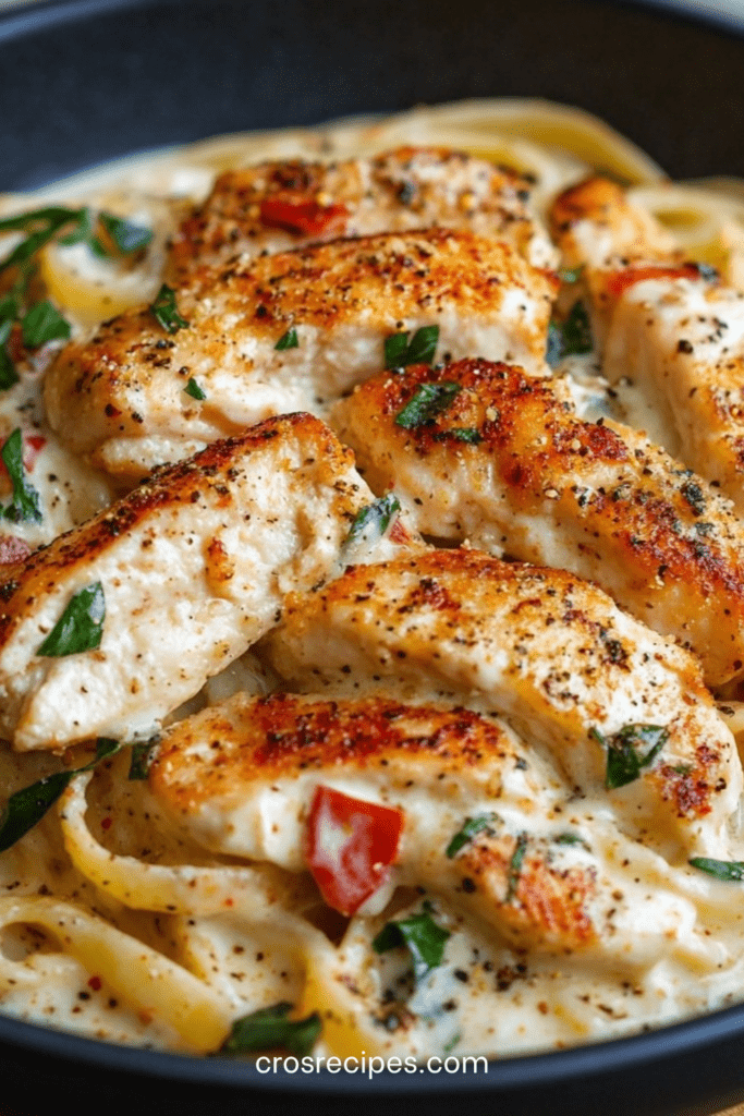Assiette de pâtes crémeuses au poulet cajun avec poivrons rouges, sauce onctueuse et morceaux de poulet dorés, décorée de persil frais.
