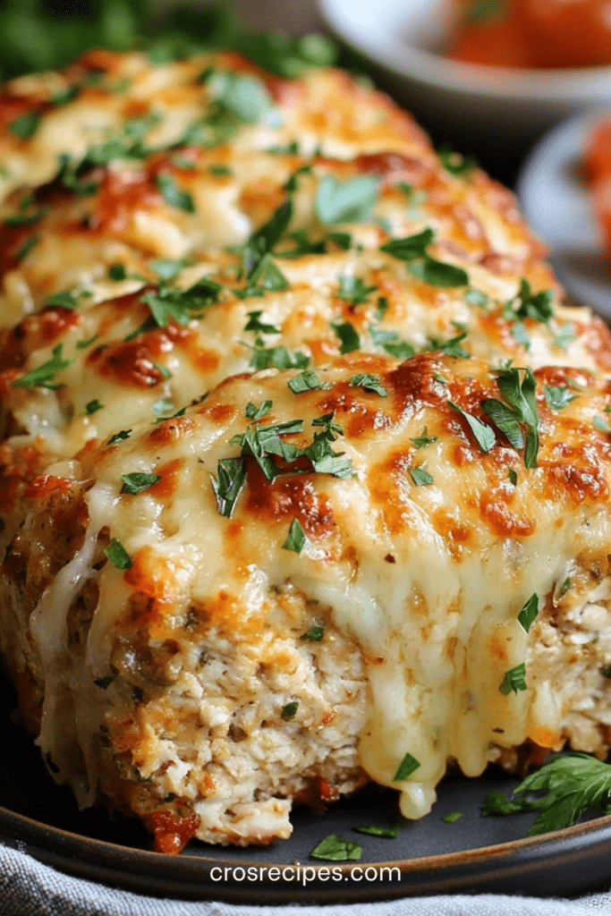 Pain de viande de poulet doré au four, recouvert de fromage gratiné fondant, tranché et servi chaud avec persil frais.