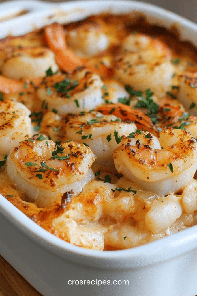 Casseroles individuelles de pétoncles et crevettes nappées d’une sauce crémeuse, gratinées au fromage doré et servies chaudes avec persil frais.