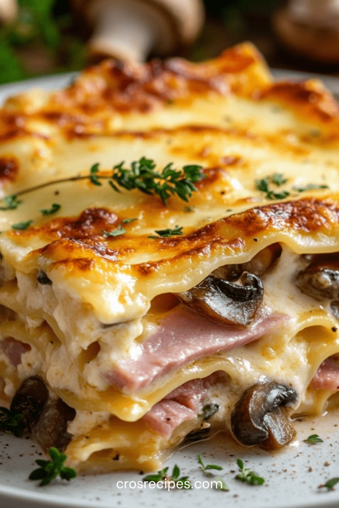 Plat de lasagnes aux champignons et jambon avec couches de pâtes, béchamel onctueuse et fromage gratiné doré, servi chaud.