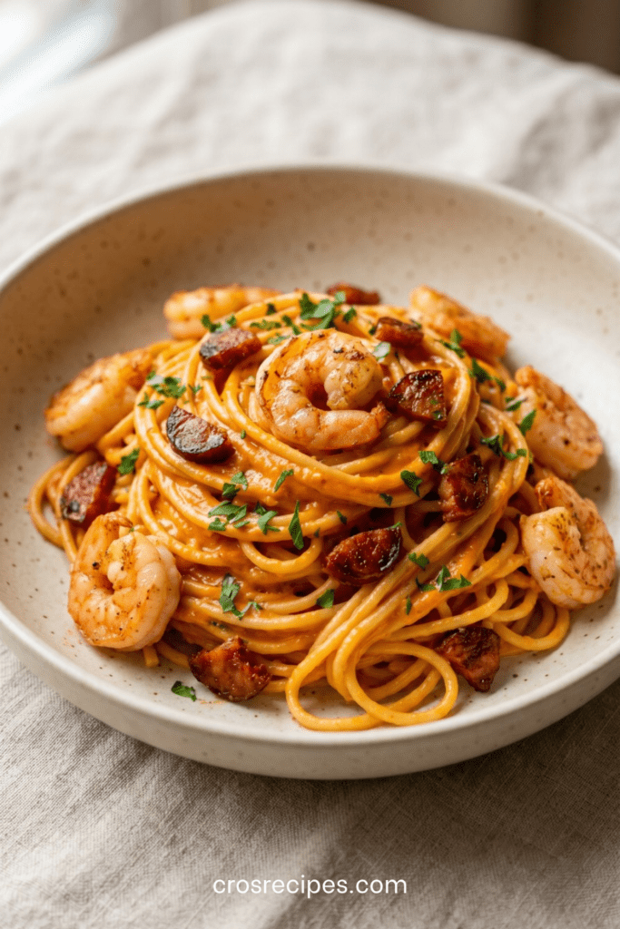 Assiette de spaghetti enrobés d’une sauce crémeuse au poivron rouge, garnis de crevettes dorées, de rondelles de chorizo et de persil frais, servis bien chauds.