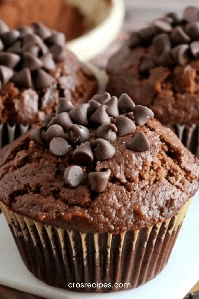 Muffins légers au chocolat disposés sur une grille, à la texture moelleuse, préparés avec de la compote de pommes, décorés de quelques pépites de chocolat.