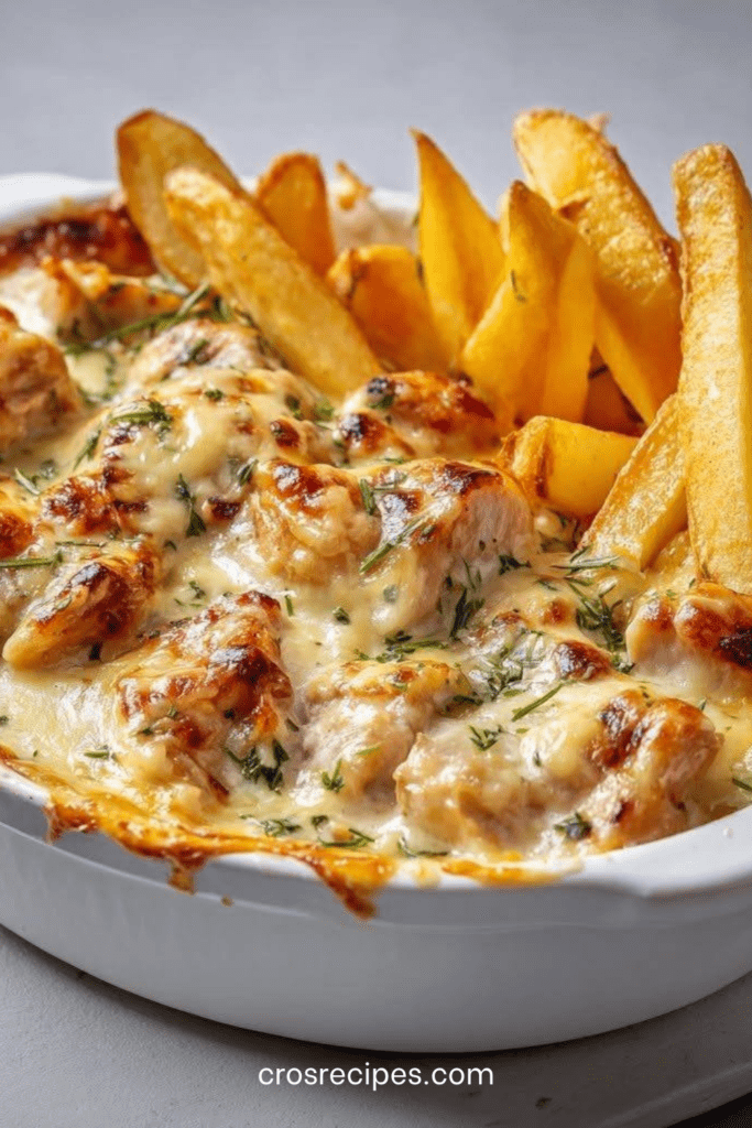 Cassolettes de poulet nappé d’une sauce crémeuse au maroilles, servies avec des frites maison dorées et croustillantes, décorées de persil frais.