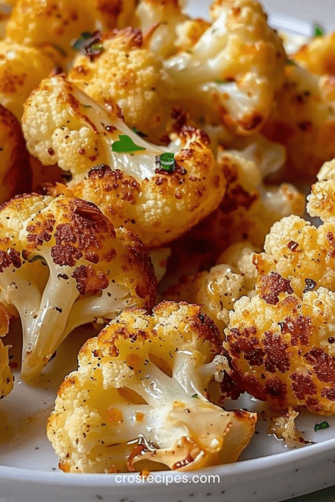 Chou-fleur rôti au four bien doré et croustillant, assaisonné aux épices, recouvert de fromage fondu et parsemé de persil frais.