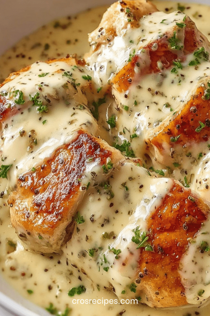 Filets de poulet dorés nappés d’une sauce crémeuse au Boursin ail et fines herbes, parsemés de persil frais et servis bien chauds.