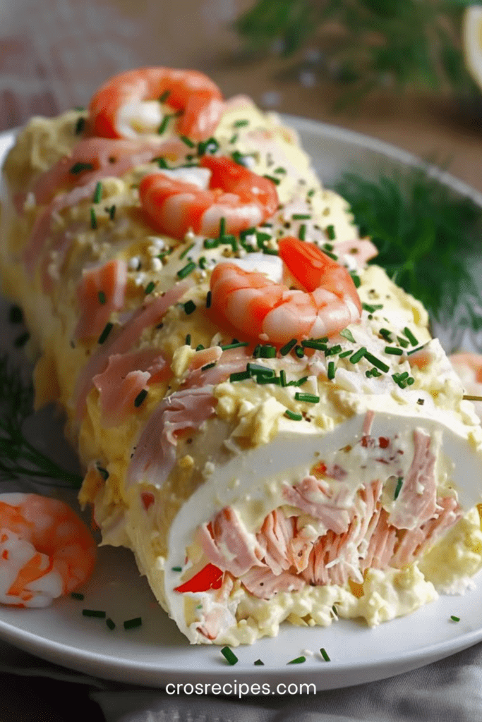 Bûche salée au saumon fumé et crevettes, garnie d’une mousse légère au fromage frais, décorée de ciboulette et servie bien fraîche.