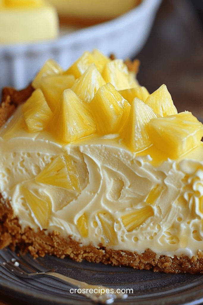 Cheesecake ananas sans cuisson, décoré de morceaux d’ananas juteux sur une crème blanche ultra crémeuse et une base biscuitée dorée.