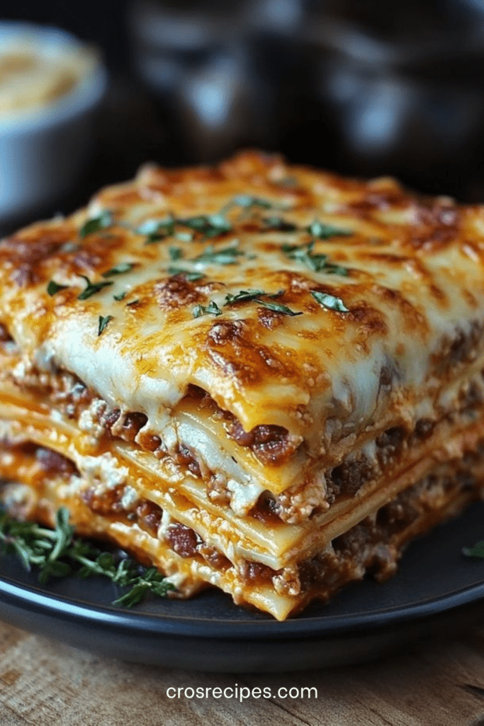 Plat de lasagnes bolognaises maison, bien gratinées au fromage, avec des couches fondantes de sauce tomate, viande hachée et béchamel.