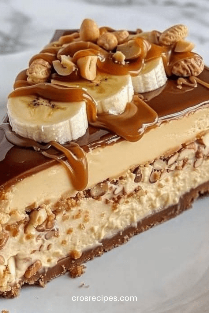 Cheesecake sans cuisson à la banane, nappé de caramel coulant et parsemé de cacahuètes croquantes sur une base biscuitée dorée.